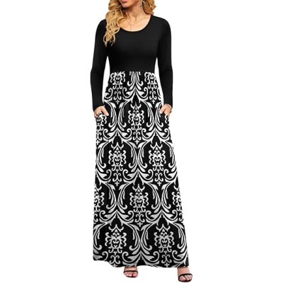 Women Casual Long Sleeve Maxi Dresses Empire Waist Long Dress with Pockets