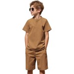 Boy's 2 Pieces Cotton Linen Set Casual Henley Shirts Short Sleeve Beach Shorts Summer Outfits for 5-12 Years