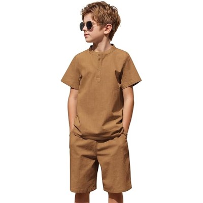 Boy's 2 Pieces Cotton Linen Set Casual Henley Shirts Short Sleeve Beach Shorts Summer Outfits for 5-12 Years