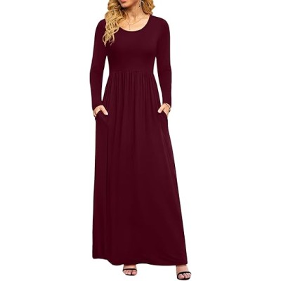 Women Casual Long Sleeve Maxi Dresses Empire Waist Long Dress with Pockets