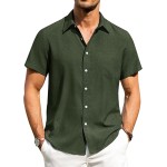 Mens Linen Shirts Short Sleeve Button Down 