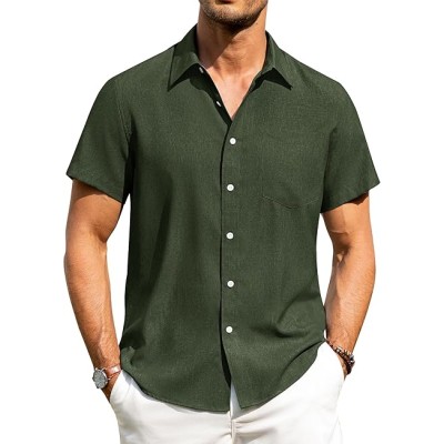 Mens Linen Shirts Short Sleeve Button Down 